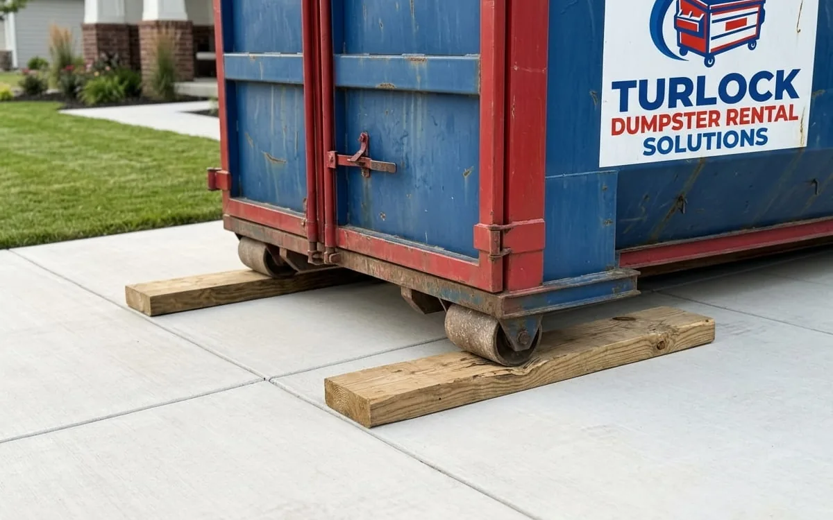 Roll-off dumpster placed on planks on a Turlock driveway