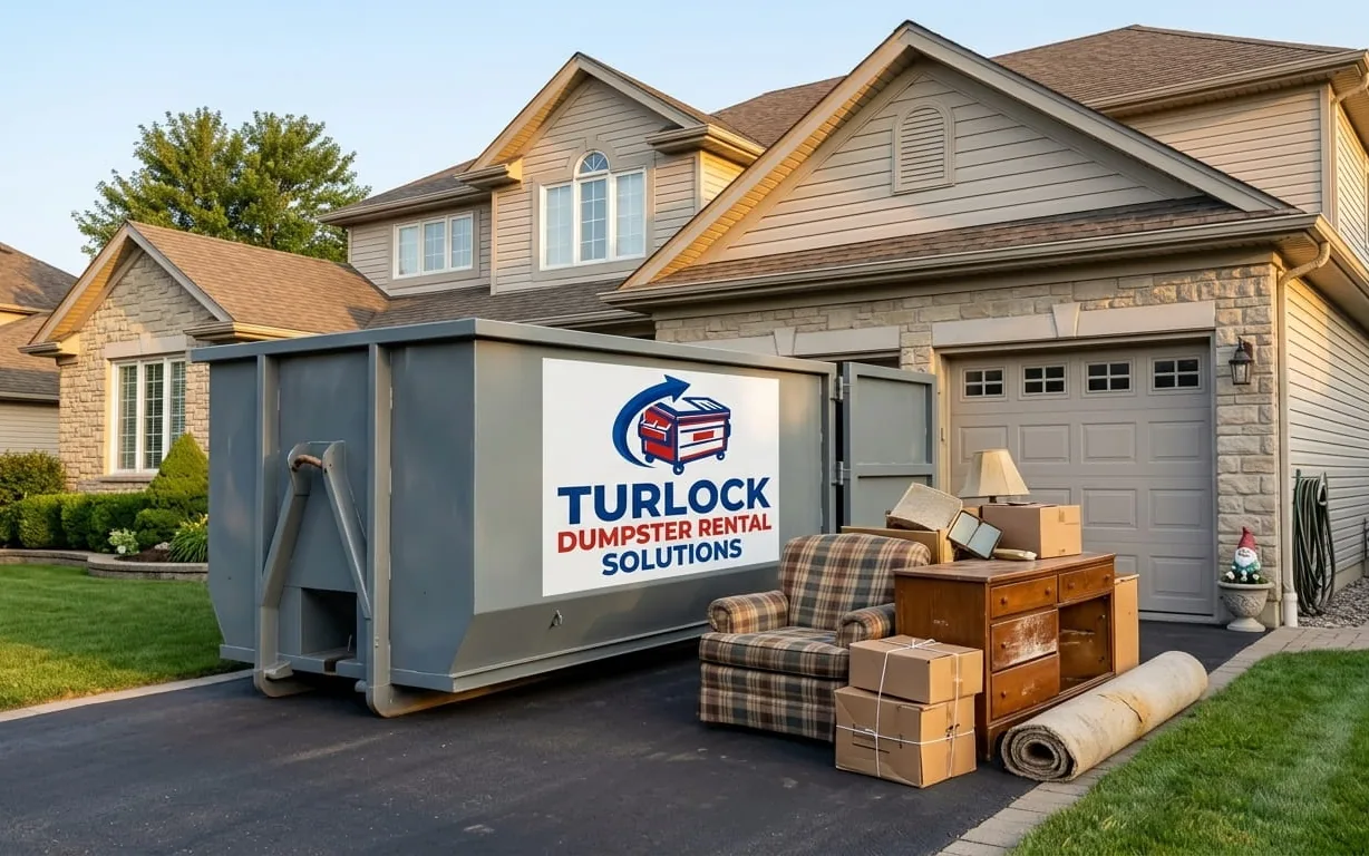 Clean roll-off dumpster delivered to a Turlock home