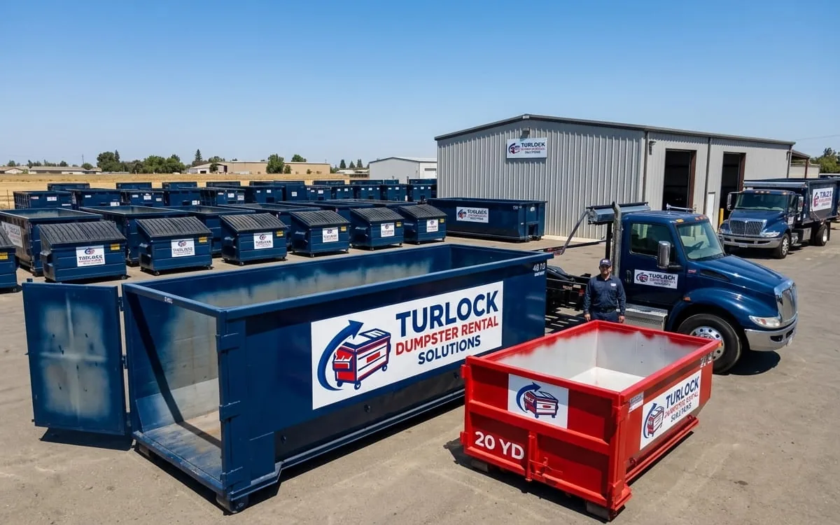 Row of 10, 15, 20 and 30 yard roll-off dumpsters in Turlock