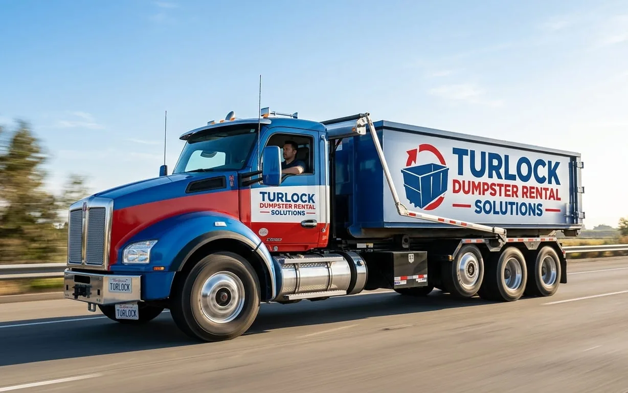 Dumpster truck collecting a loaded roll-off in Stanislaus County